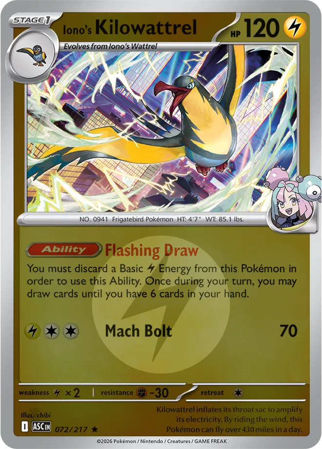 Iono's Kilowattrel (Energy Symbol Pattern) 072  - Reverse Holofoil ME Ascended Heroes - Rare