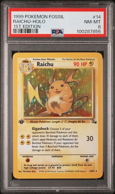 Raichu (14) 014/62 - 1st Edition Holofoil Fossil PSA 8